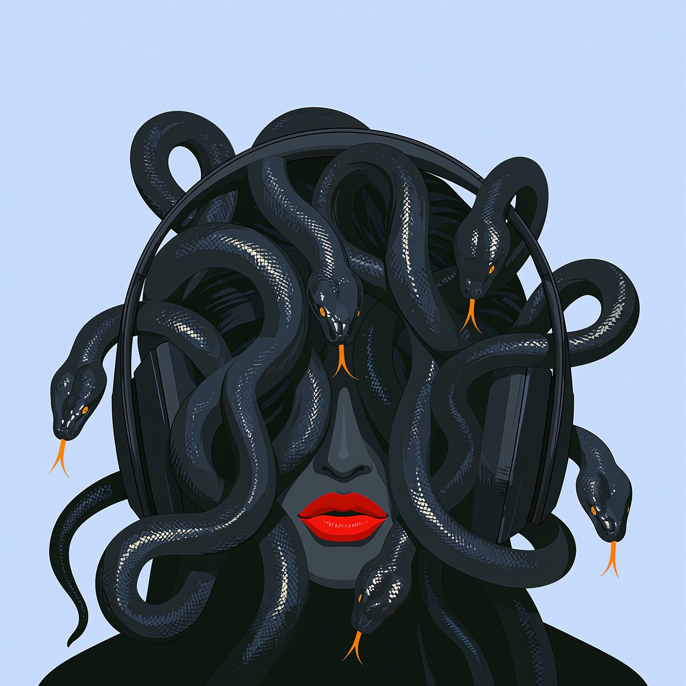 Illustration of Medusa wearing studio headphones, snakes for hair
